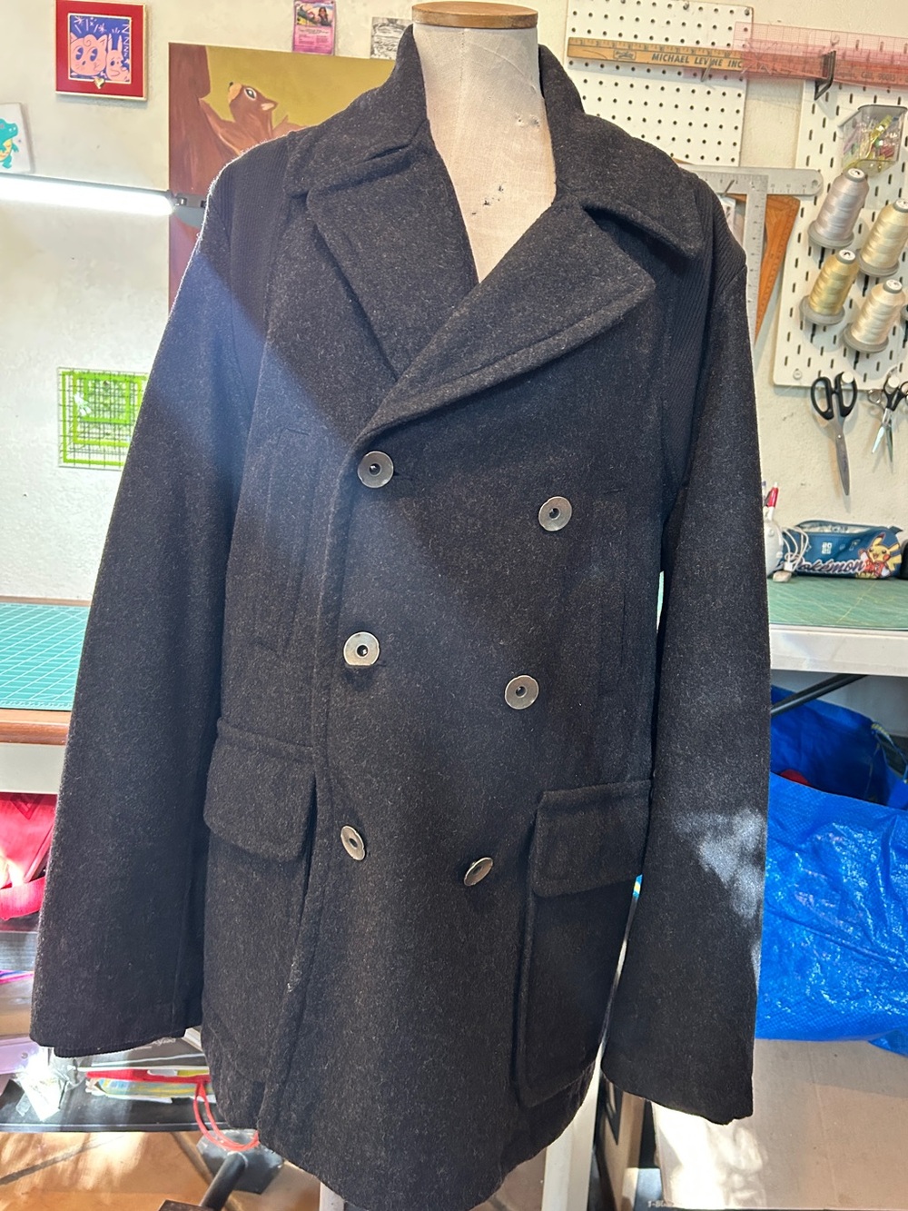 Vintage Guess Men's Double-Breasted Pea Coat in Black
